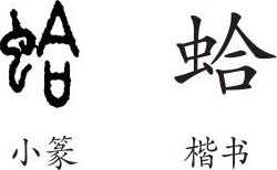 小篆从虫,合声,隶变后楷书写作"蛤《说文》无.