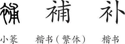 小篆从衣,甫声.隶变后楷书写作"补.汉字简化后写作"补.