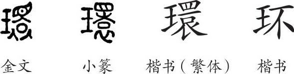 "环"是形声字,金文从玉,瞏声.小篆承接金文.隶变后楷书写作"环.