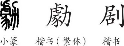 《劇》字義,《劇》字的字形演變,小篆隸書楷書寫法《劇》